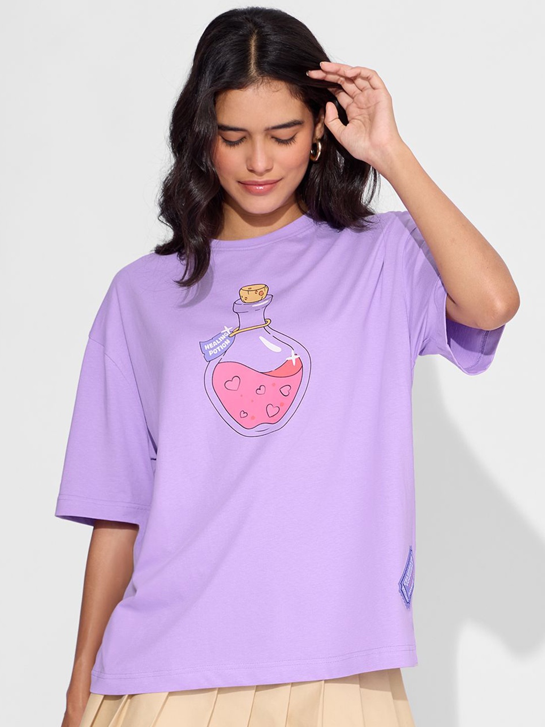 

The Souled Store Women Drop-Shoulder Sleeves T-shirt, Lavender