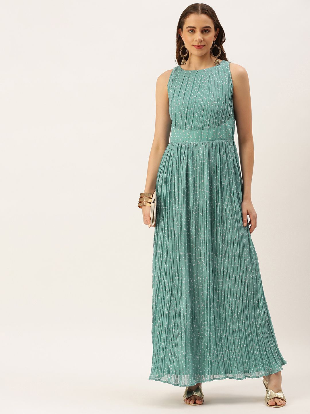 

Ethnovog Floral Printed Georgette Maxi Dress, Sea green