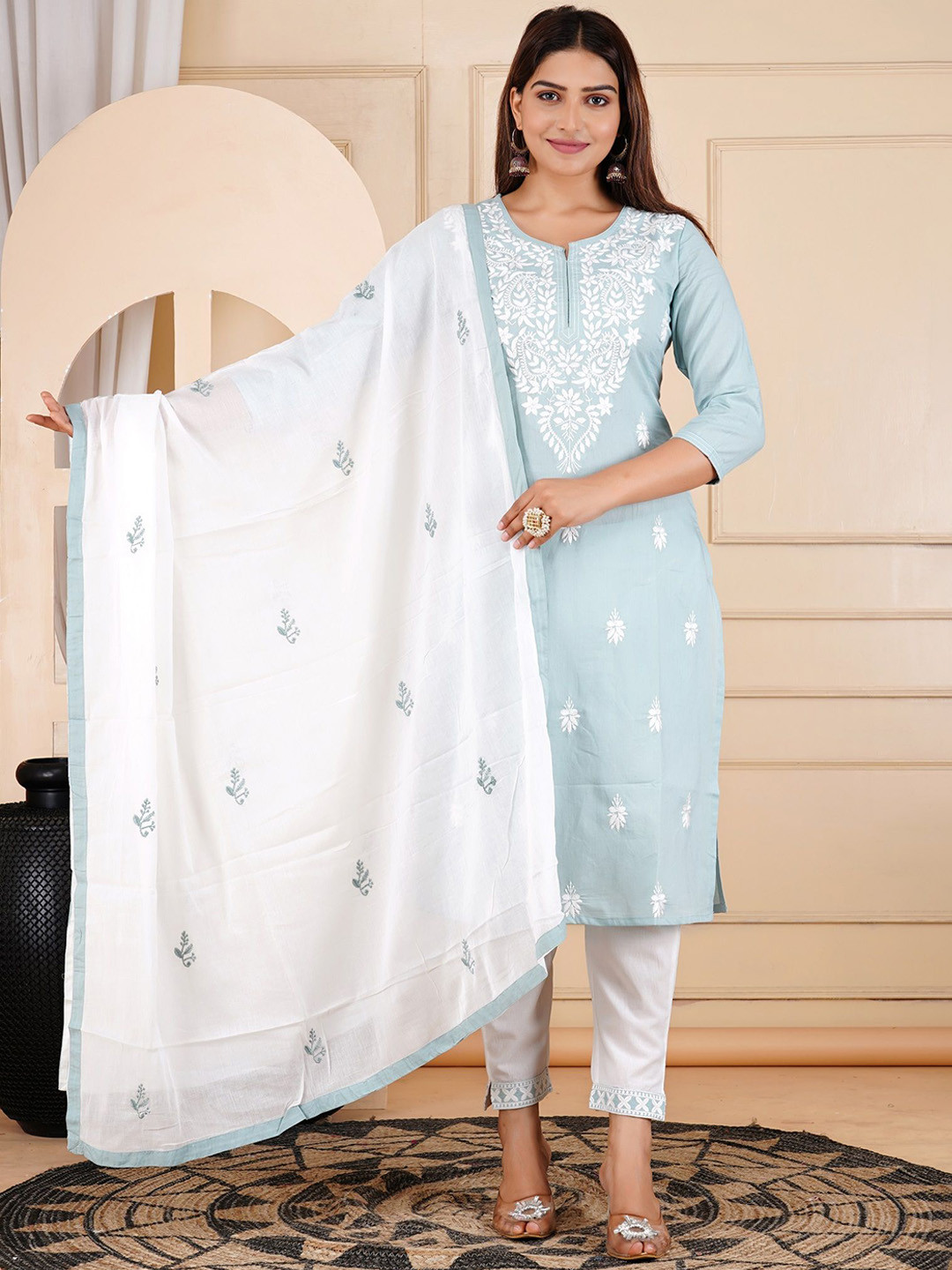 

RAJPUTANA CAMISA Women Ethnic Motifs Embroidered Regular Thread Work Pure Cotton Kurta with Pyjamas & With, Blue
