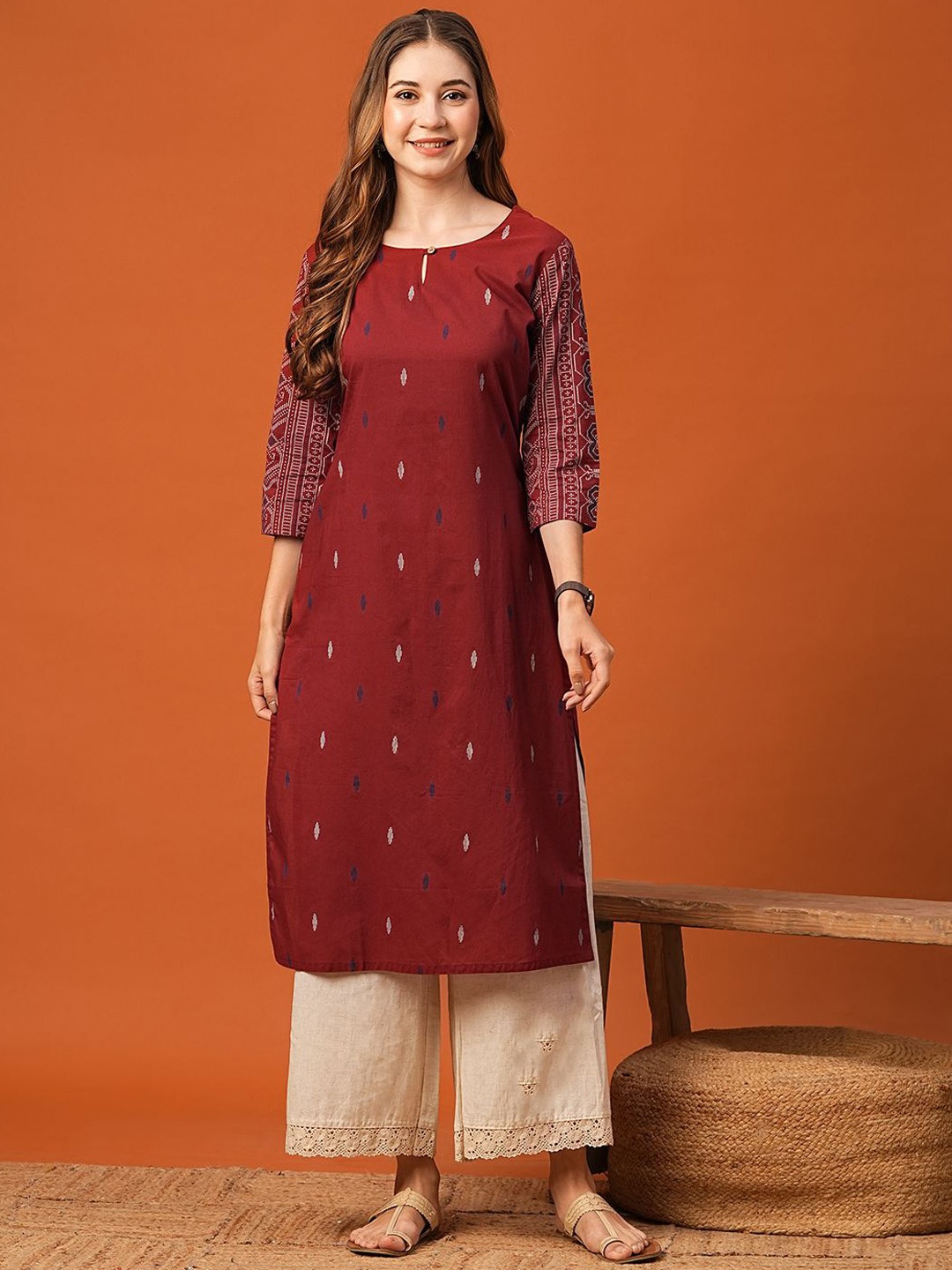 

FASHOR Women Ethnic Motifs Embroidered Keyhole Neck Thread Work Kurta, Rust