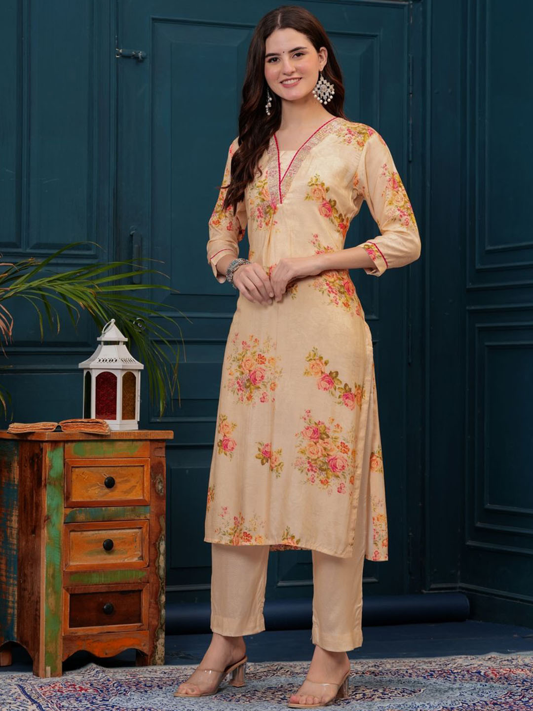 

KALINI Women Printed Regular Beads and Stones Pure Silk Kurta with Trousers, Cream