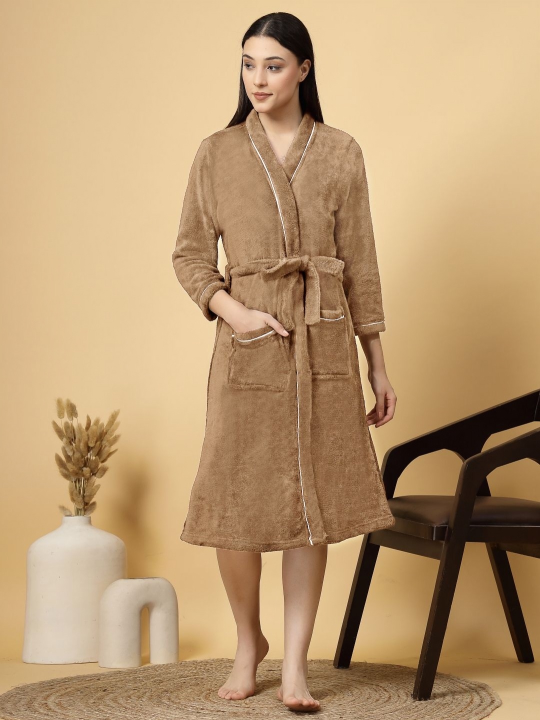 

FABINALIV Solid Cotton Bath Robe with Belt and 2 Front Pockets, Beige