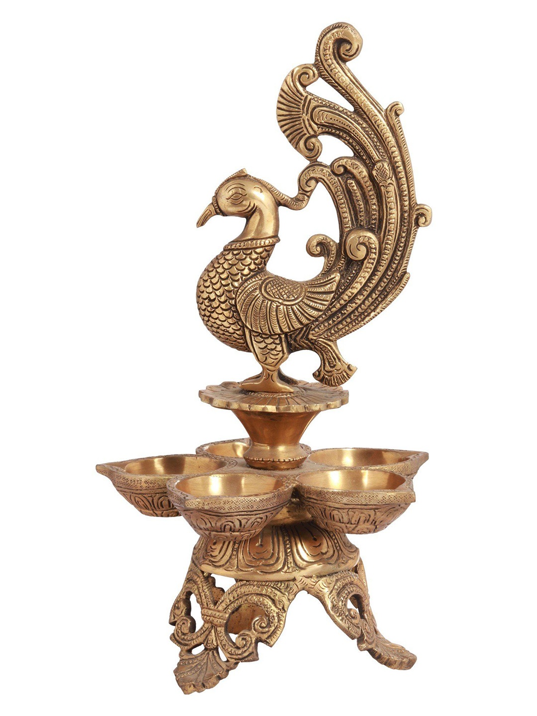 

Exotic India 11" Five Wicks Peacock Lamp in Brass, Gold