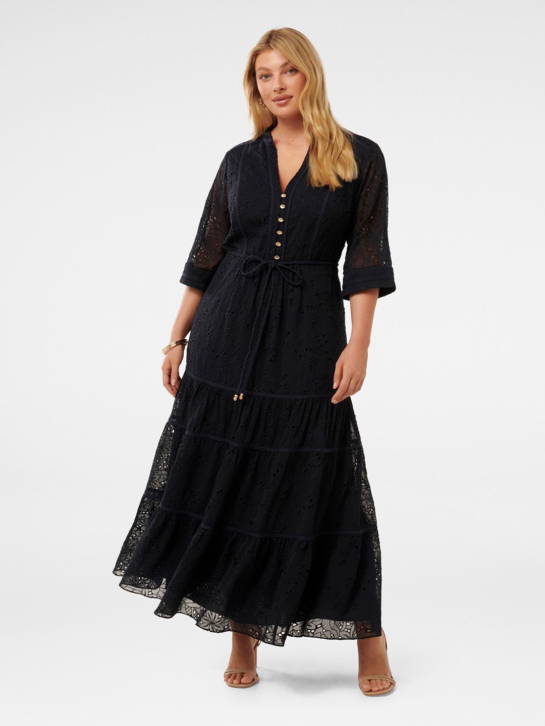 

Forever Pack of 2 Plus Size Mandarin Collar Tiered Schiffli Maxi Dress, Black