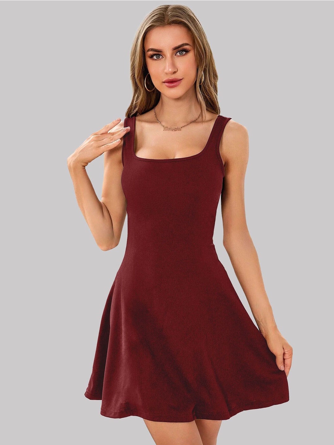 

Tivante Solid Square Neck Fit & Flare Mini Dress, Maroon