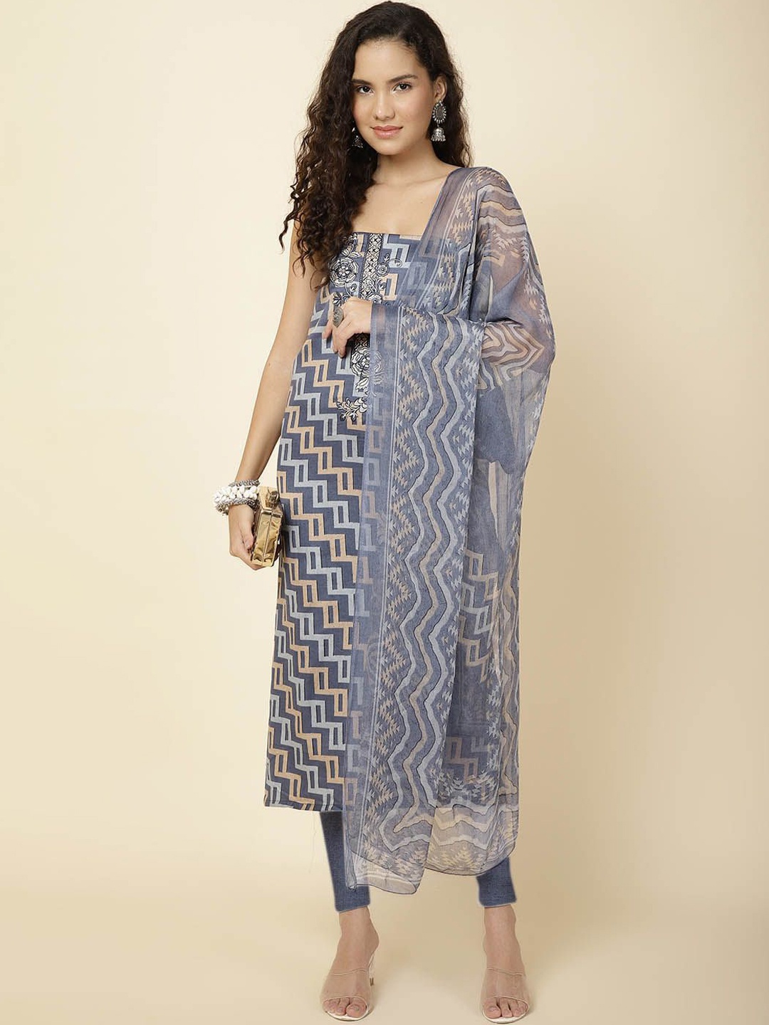 

Meena Bazaar Printed Unstitched Dress Material, Grey