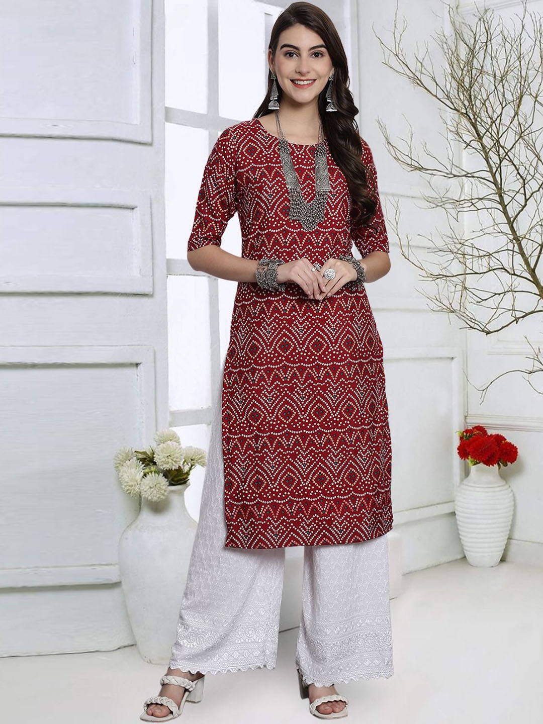 

7Threads Bandhani Printed Round Neck Straight Kurta, Red
