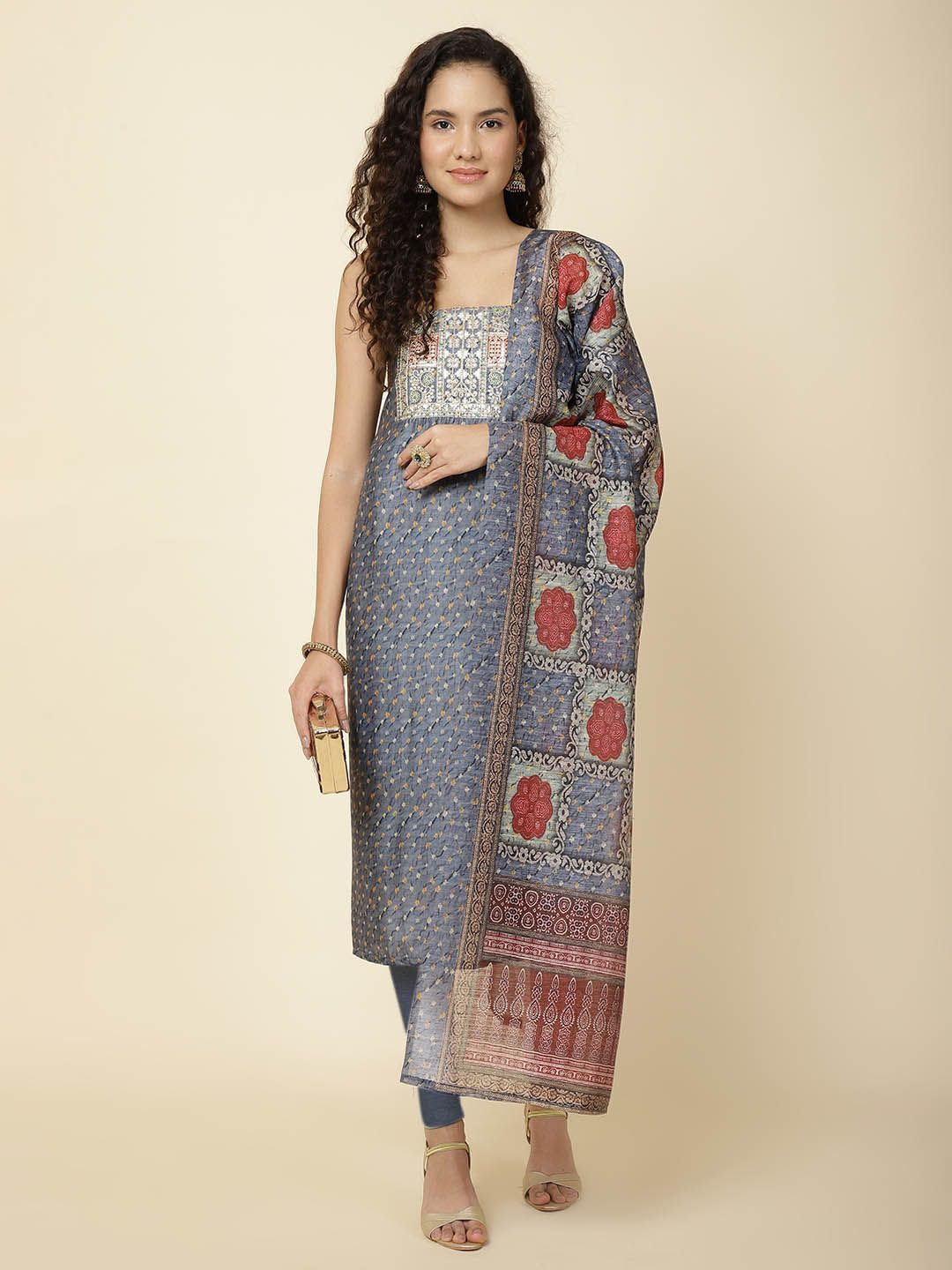 

Meena Bazaar Printed Art Silk Unstitched Dress Material, Grey