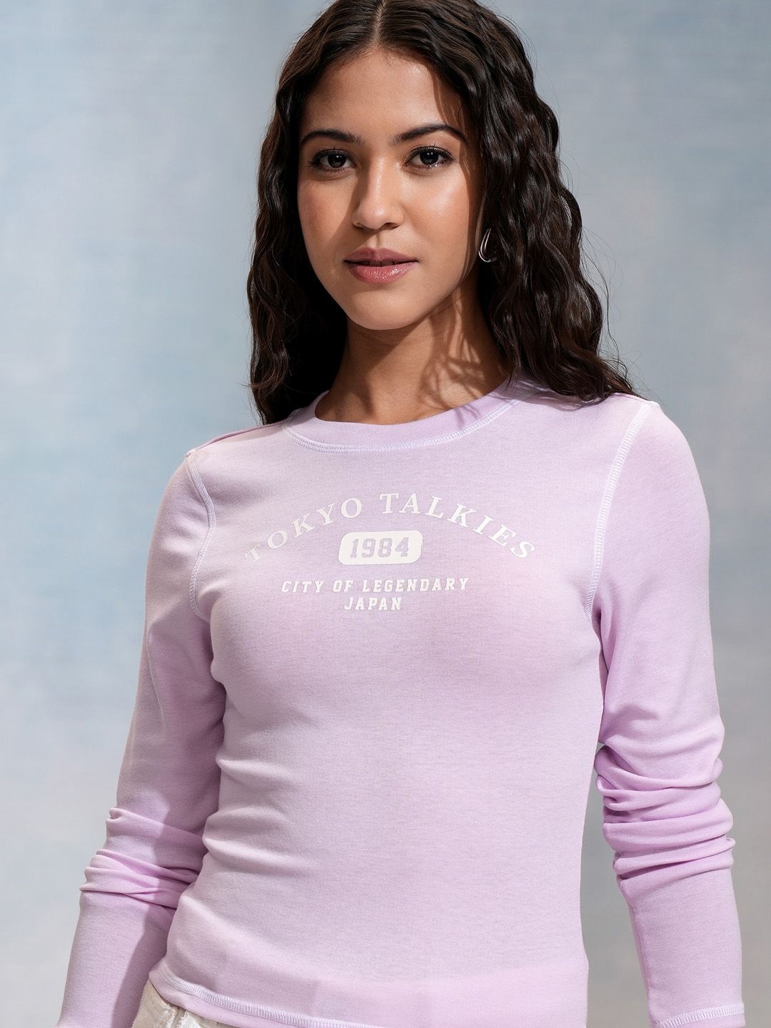 

Tokyo Talkies Women Varsity Drop-Shoulder Sleeves Slim Fit T-shirt, Lavender