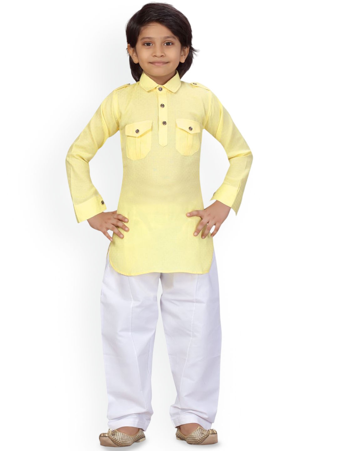 

BAESD Boys Self Design Shirt Collar Pure Cotton Pathani Kurta With Salwar, Yellow