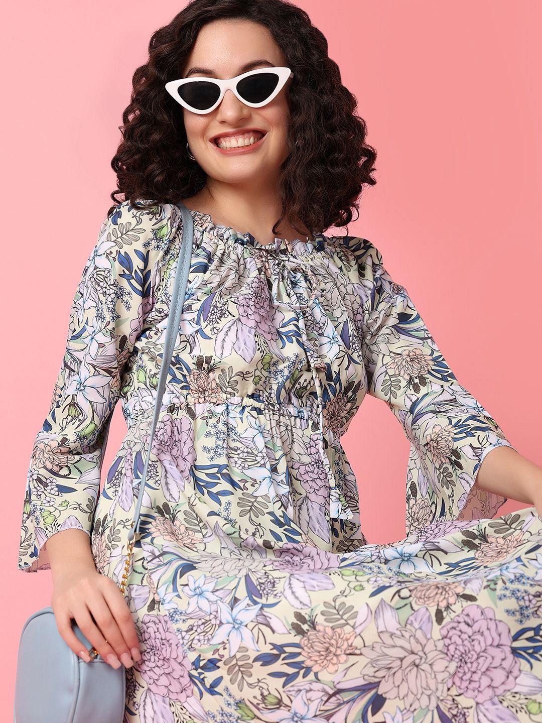 

UNLIMITED Floral Print A-Line Midi Dress, Beige