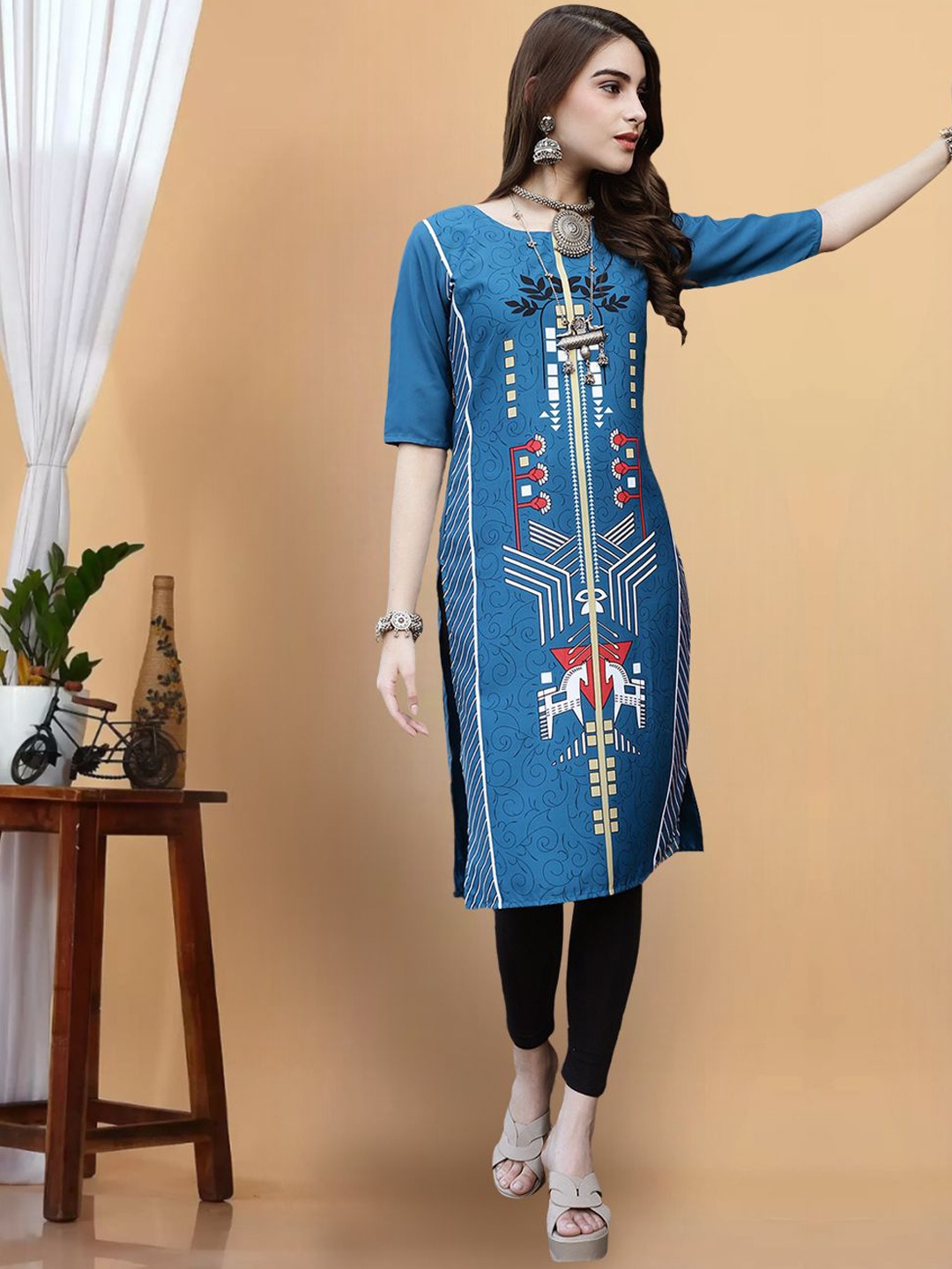 

7Threads Floral Printed Round Neck Crepe Straight Kurta, Blue
