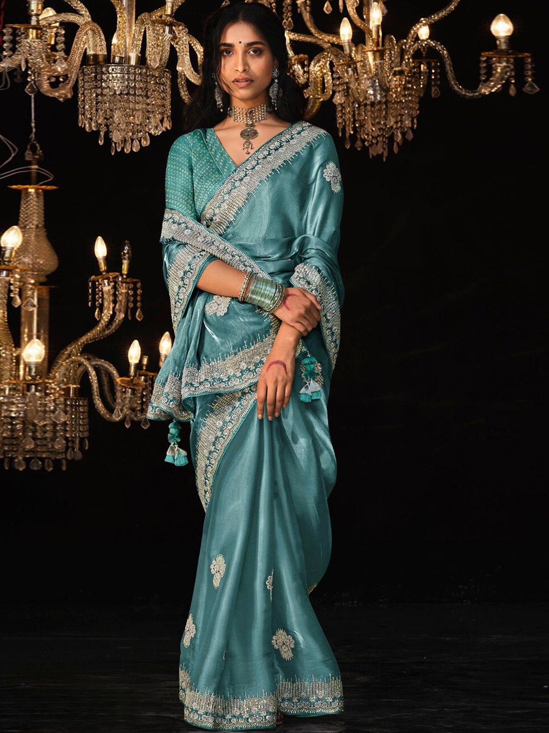 

MySilkLove Embellished Sequinned Tissue Saree, Blue
