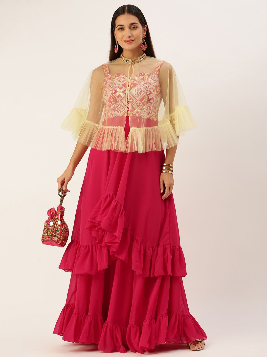 

Ethnovog Tie-Up Neck Georgette Maxi Dress, Pink