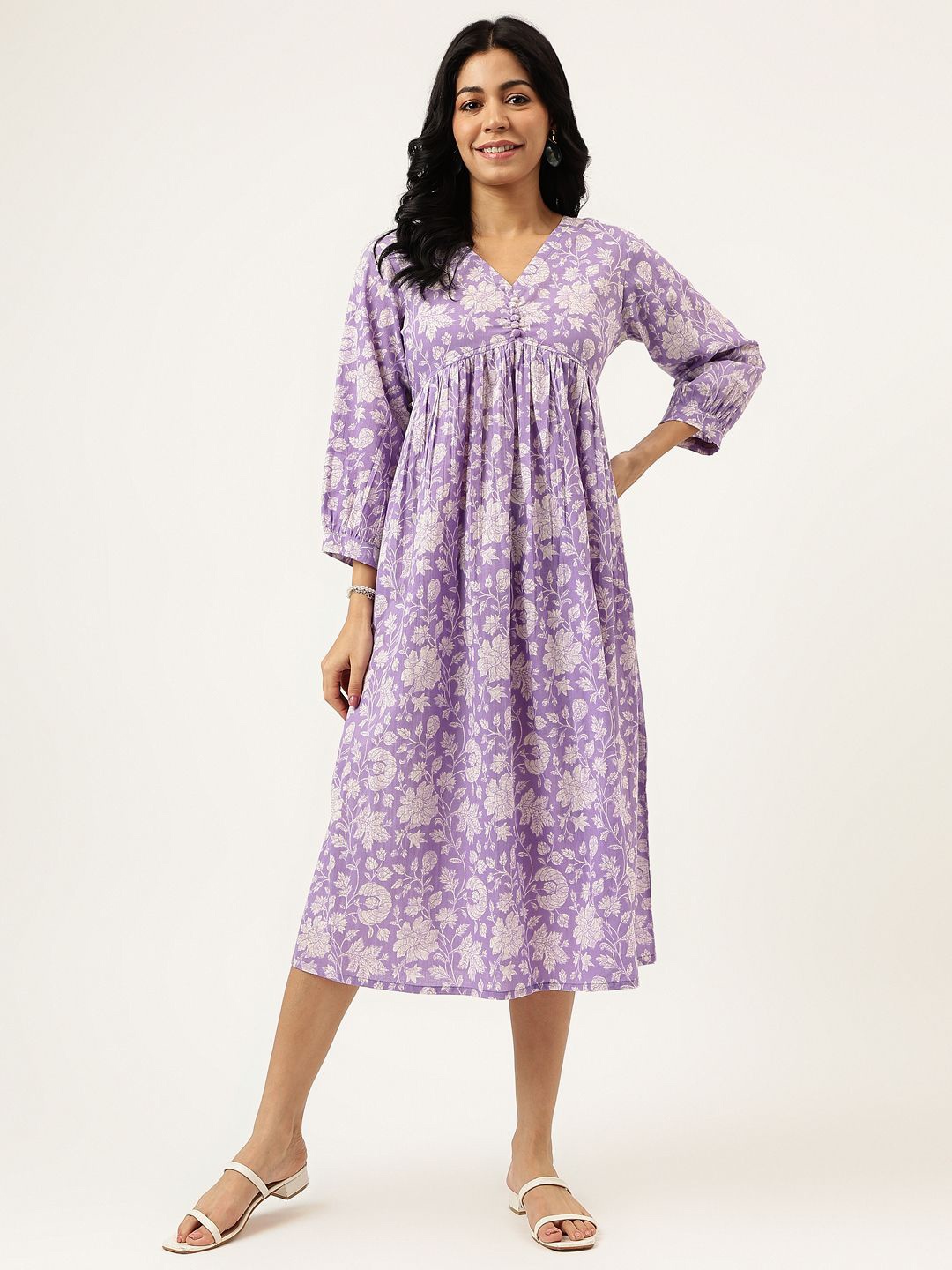 

SPARSA Ethnic Motif Empire Midi Dress, Lavender