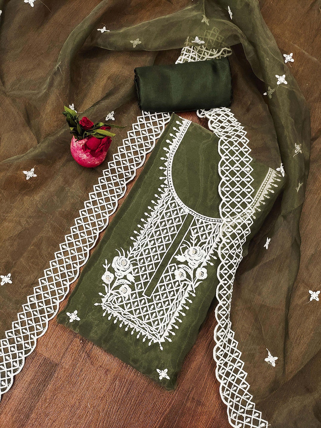 

MANVAA Embroidered Organza Unstitched Dress Material, Olive