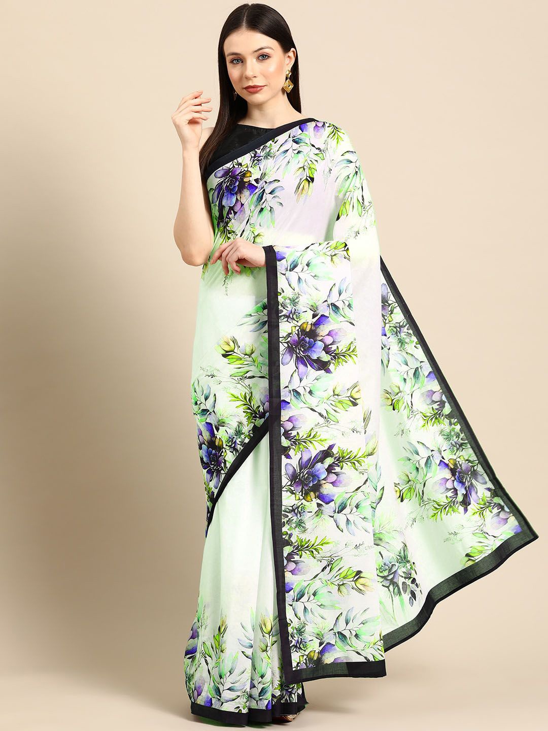 

BUTA BUTI Pure Cotton Floral Printed Saree, Green