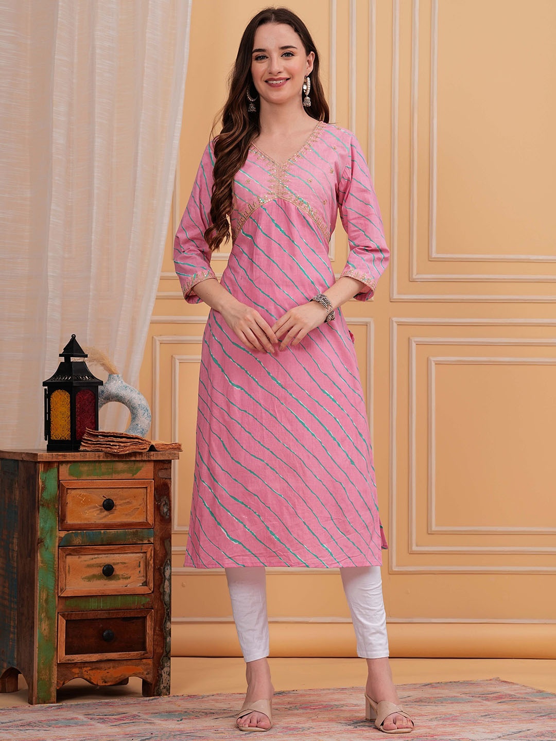 

KPF Women Striped Flared Sleeves Thread Work Kurta, Pink