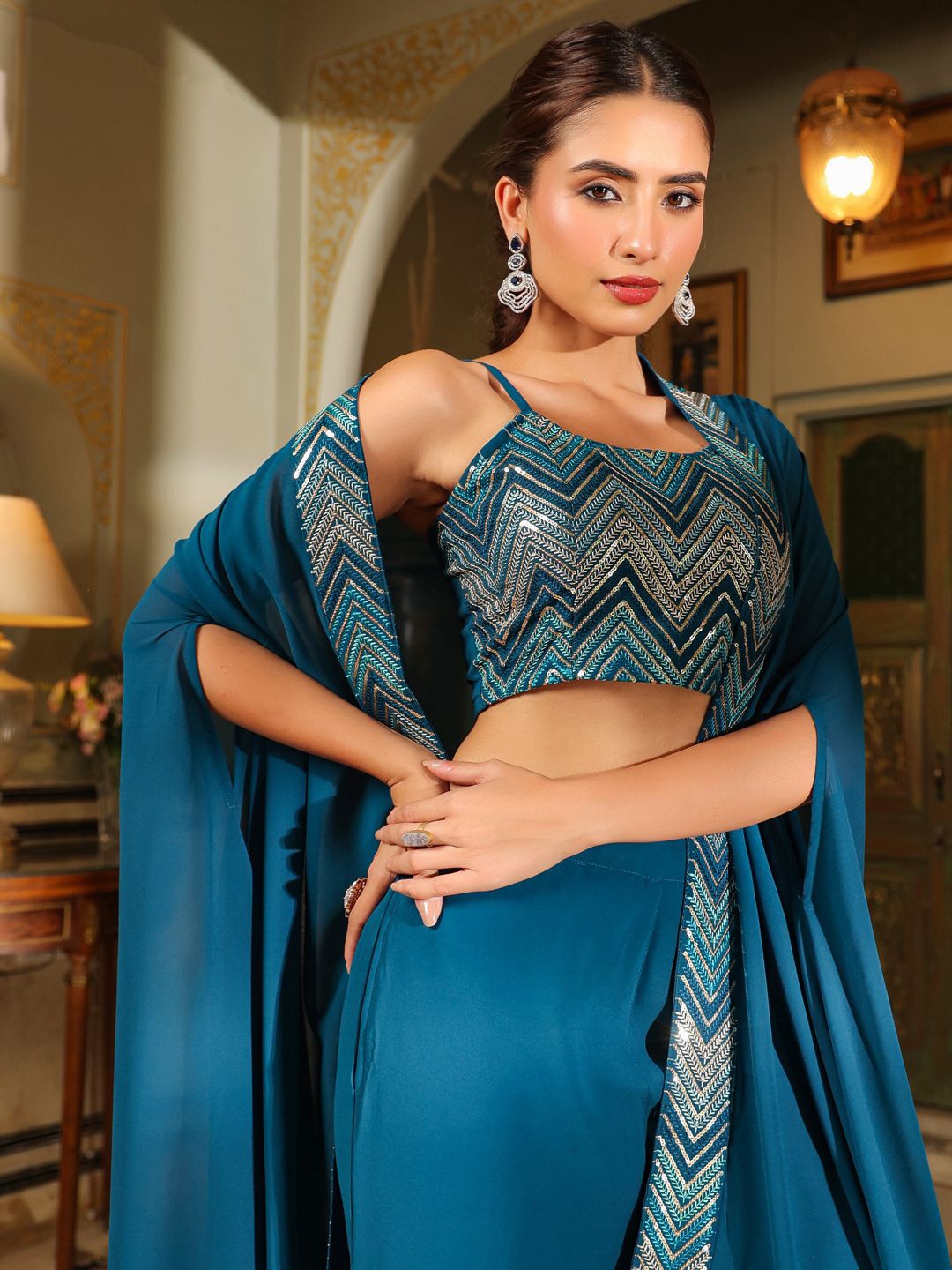 

Janasya Embellished Top Cape & Trousers Co-Ords, Blue