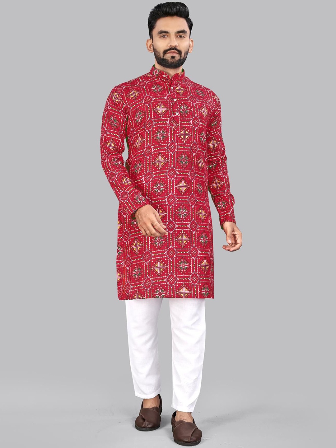 

allan peter Men Geometric Thread Work Kurta, Red
