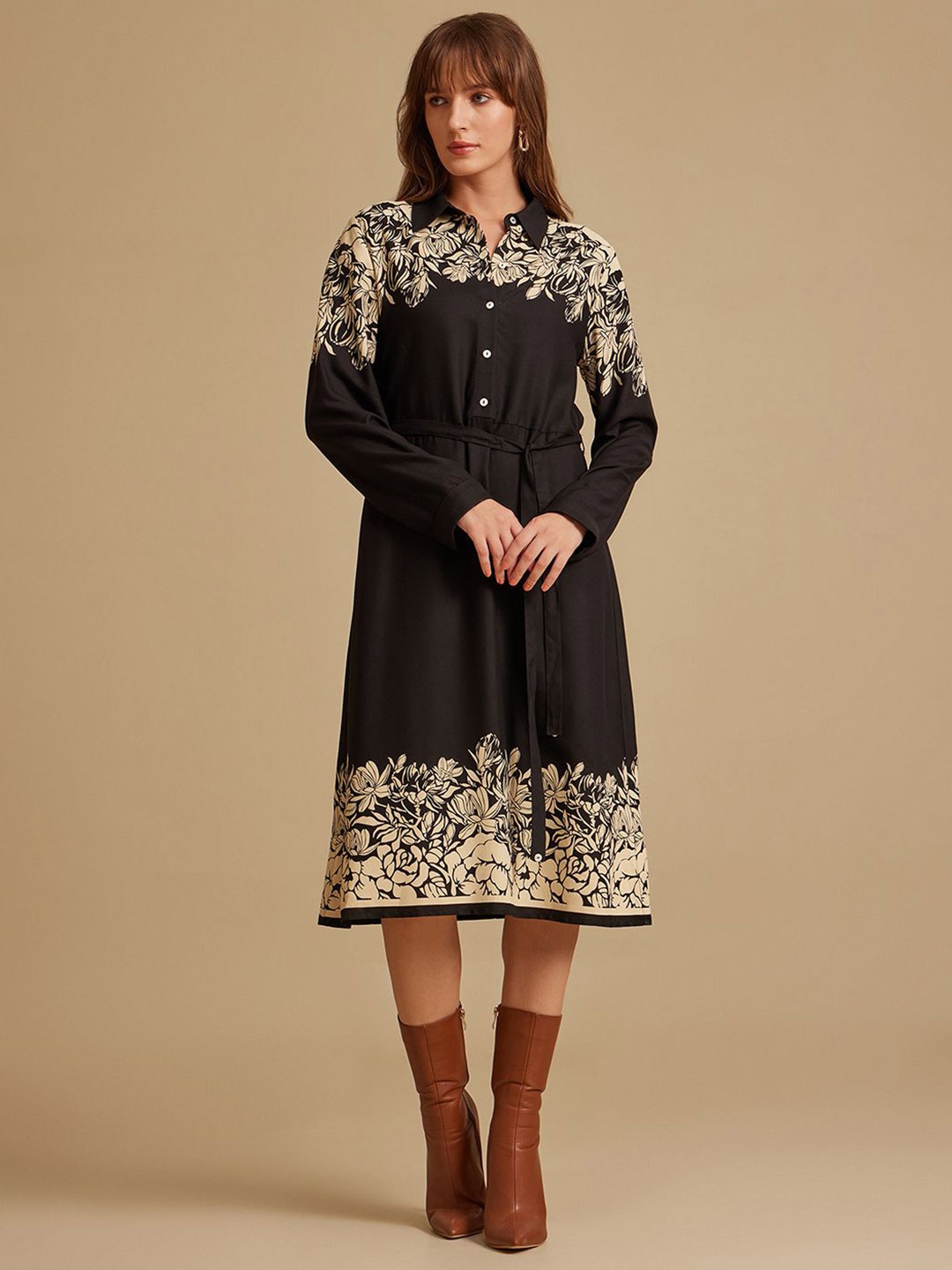 

Kazo Ethnic Motifs Print Formal Shirt Midi Dress, Black