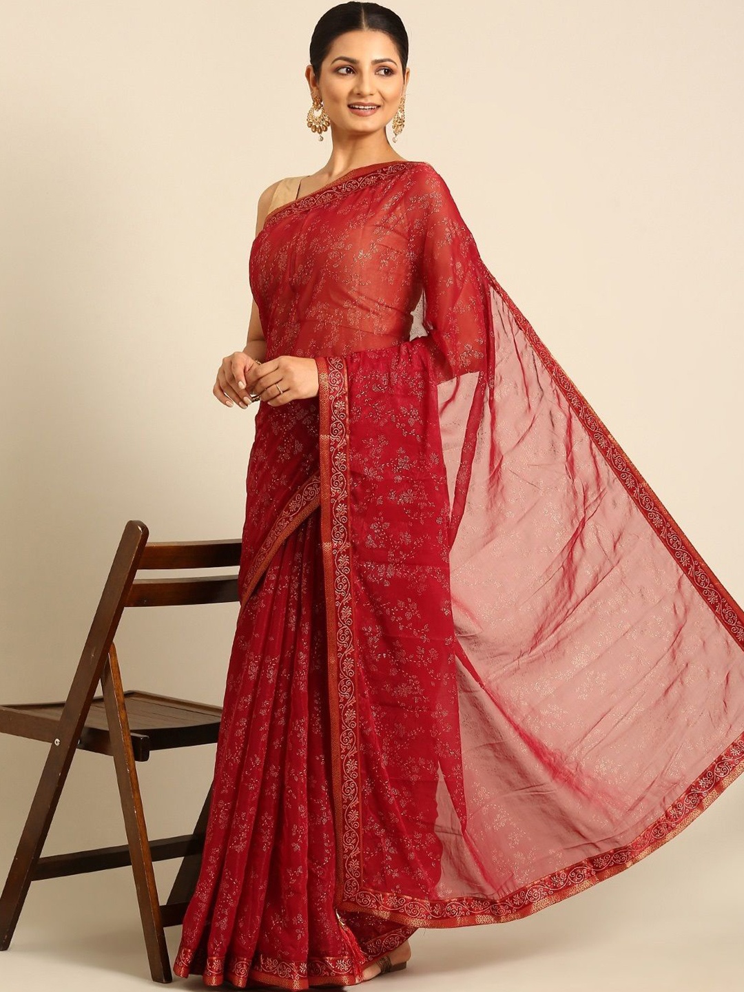

all about you Floral Embroidered Designer Saree, Red