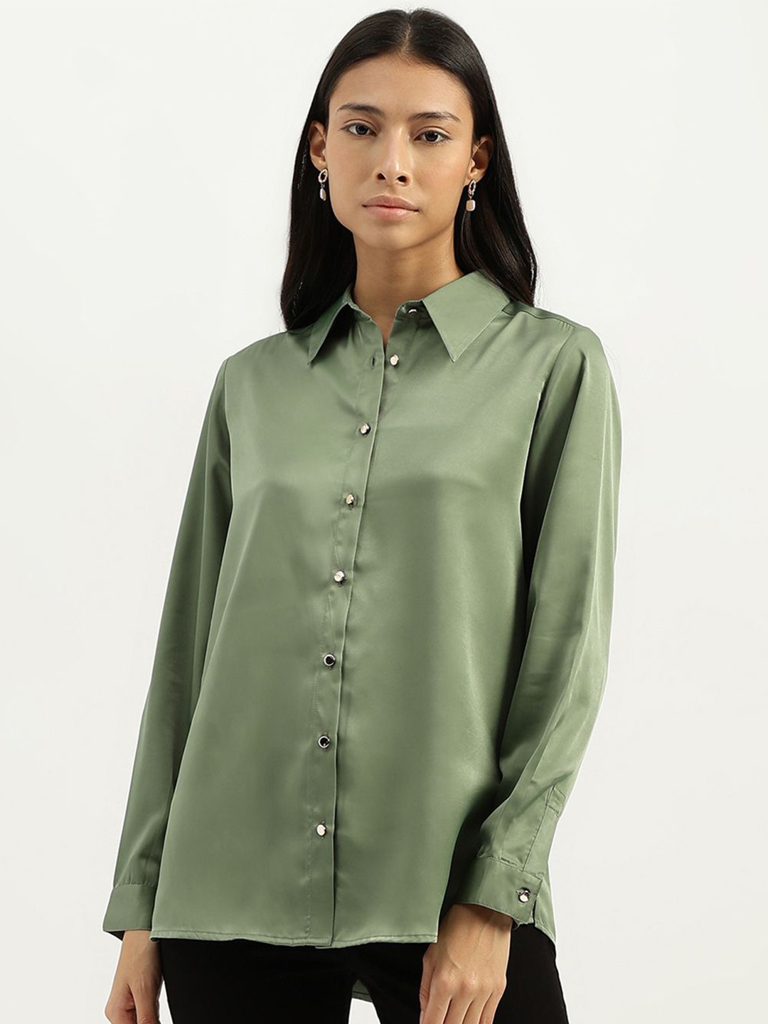 

United Colors of Benetton Women Spread Collar Solid Casual Shirt, Green
