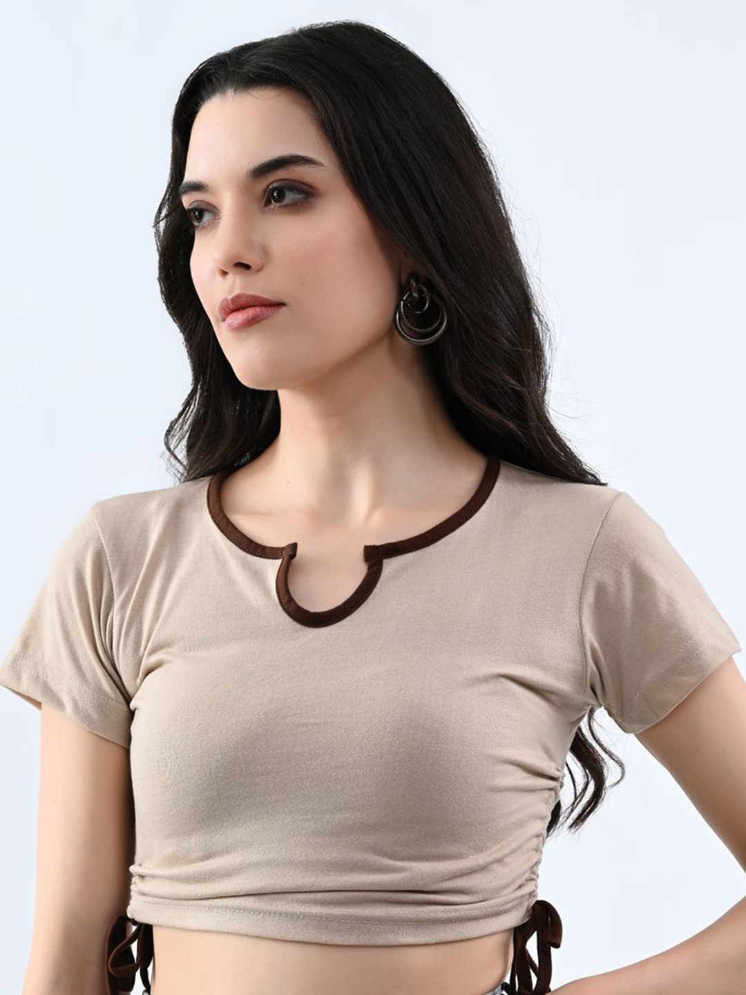 

CLAFOUTIS Women Solid Ruched Round Neck Cotton Top, Beige