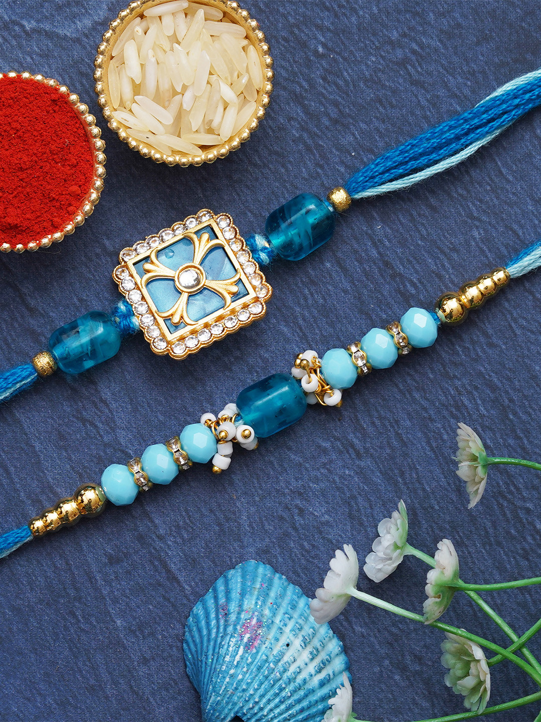 

eCraftIndia Unisex Set of 2 Beads Floral Rakhi, Blue