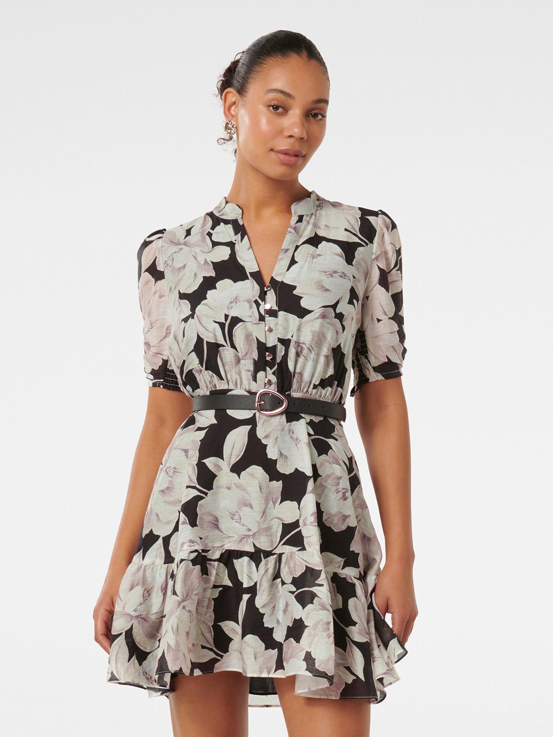 

Forever New Floral Printed Puff Sleeves Belted A-Line Mini Dress, Black