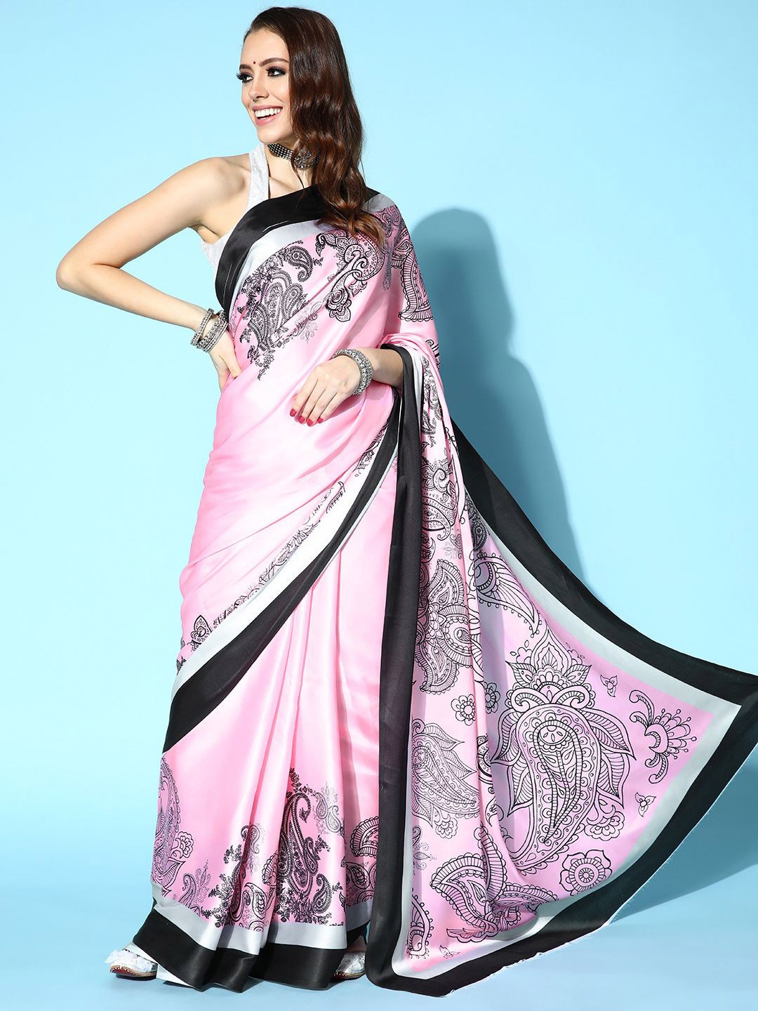 

KIMISHA Printed Ethnic Motifs Satin Saree, Pink