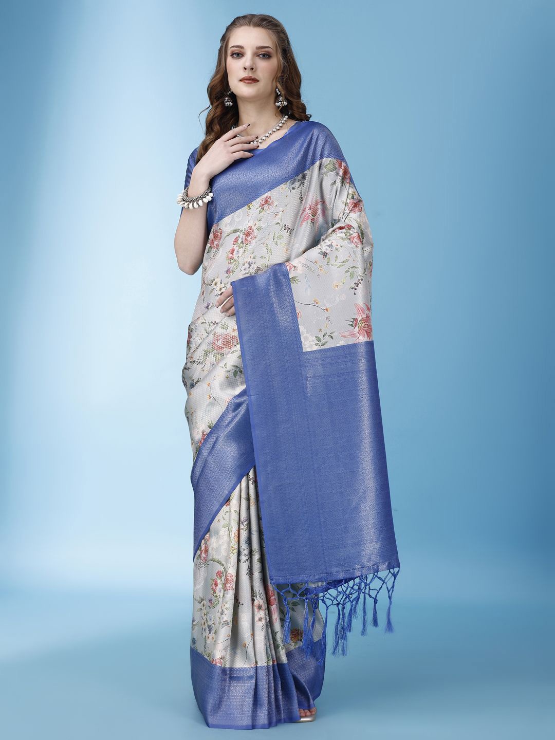 

Nigel Designer Printed Floral Zari Saree, Blue