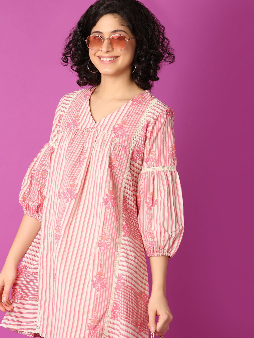 

UNLIMITED Striped Puff Sleeve A-Line Dress, Pink