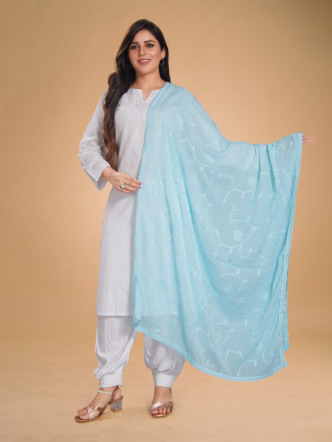 

Rani Saahiba Floral Embroidered Thread Work Cotton Dupatta, Blue