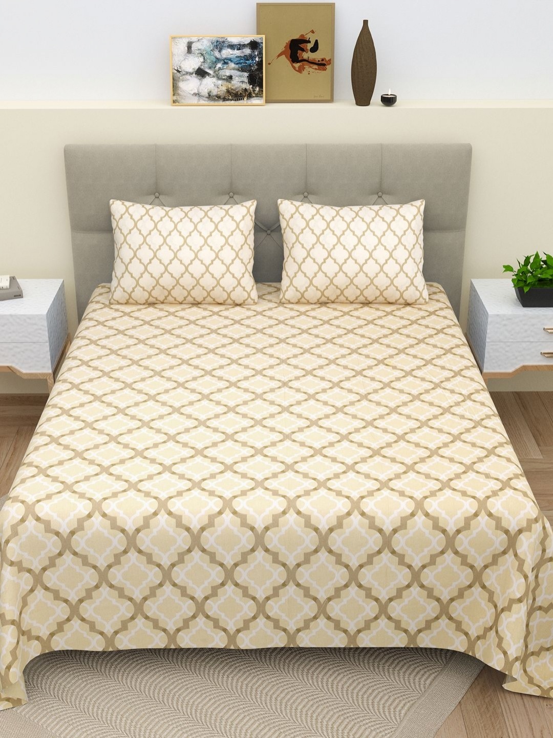 

BELLA CASA Cream-Coloured & White Ethnic Motifs 220 TC King Bedsheet with 2 Pillow Covers