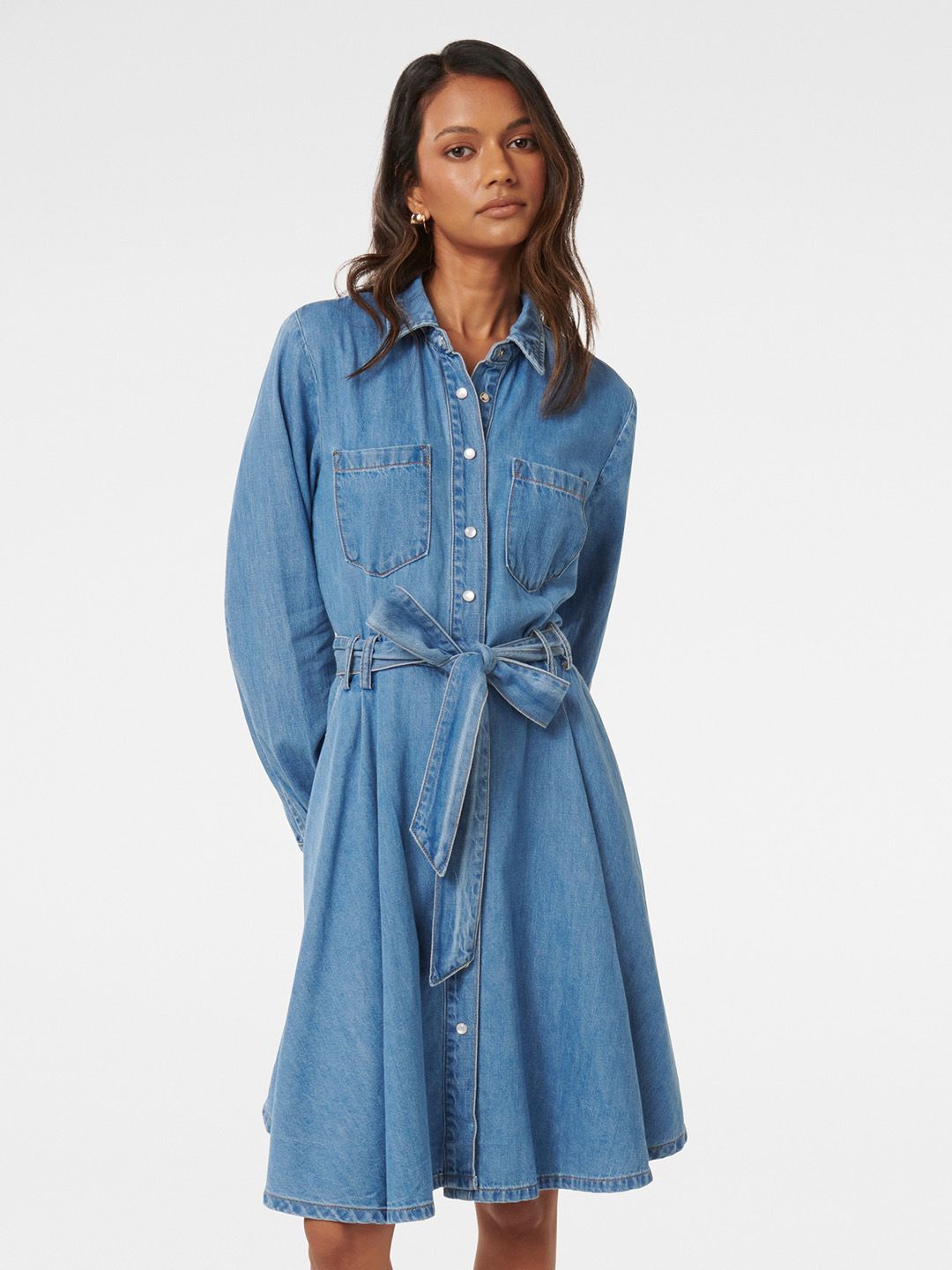 

Forever New Long Sleeve Denim Shirt Dress, Blue