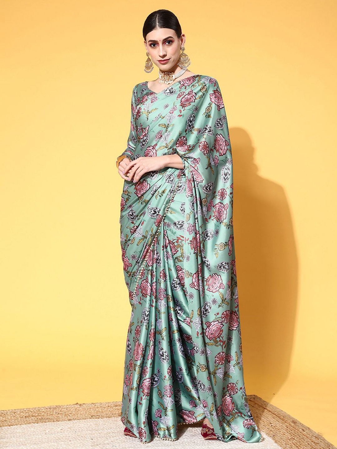 

KIMISHA Printed Floral Satin Saree, Sea green