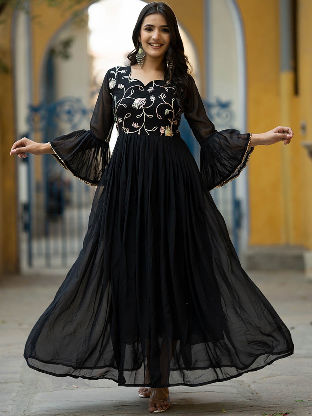 

ASPORA Embroidered Maxi -Length Gown Ethnic Dresses, Black