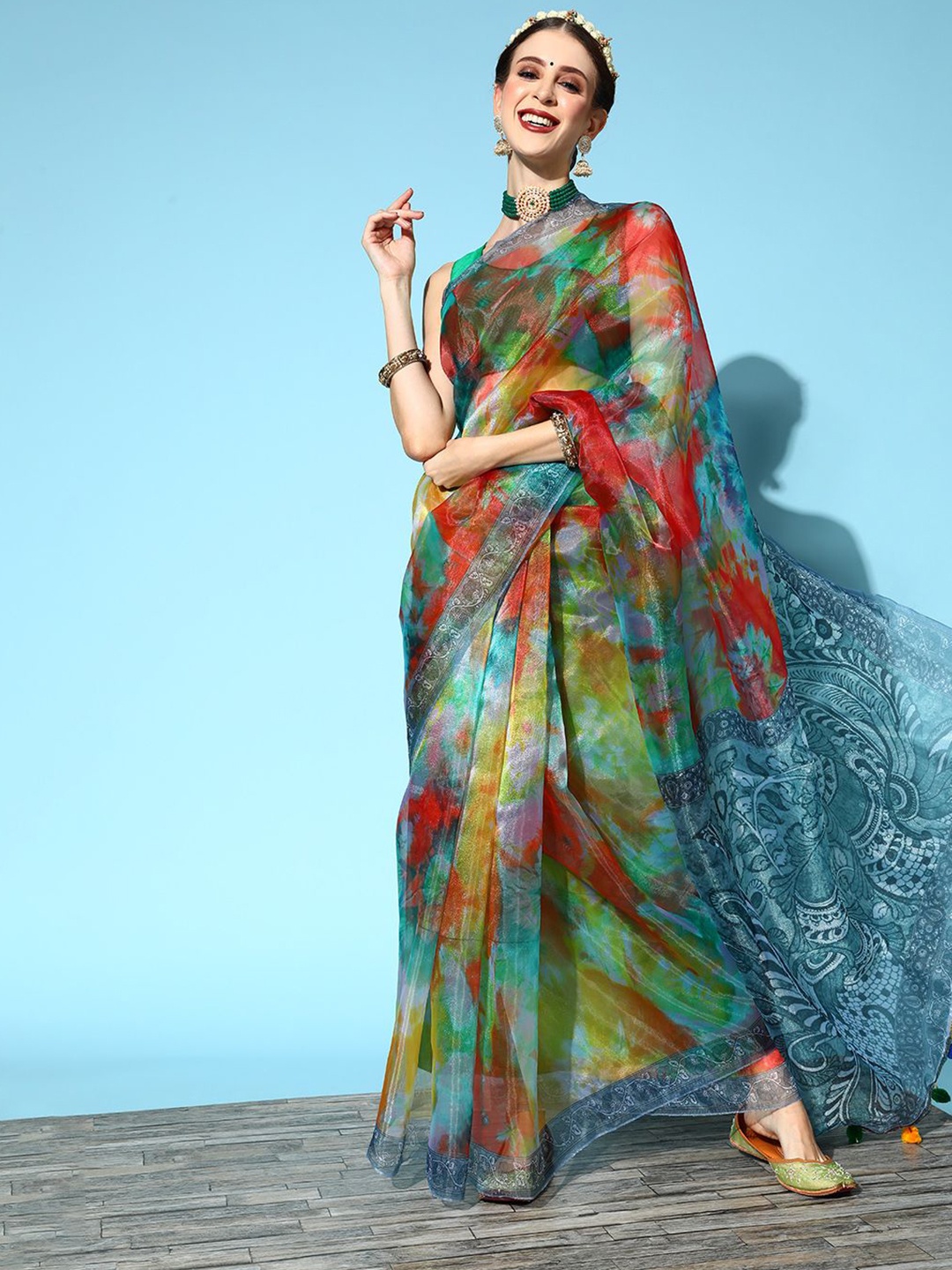 

KIMISHA Floral Organza Saree, Green