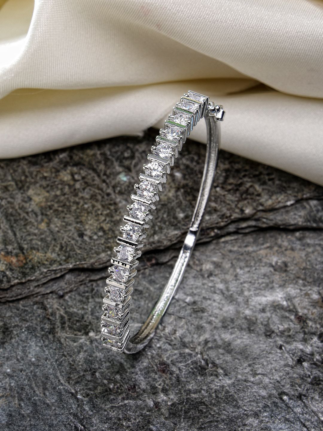 

ZENEME Rhodium-Plated American Diamond Bangle-Style Bracelet, Silver