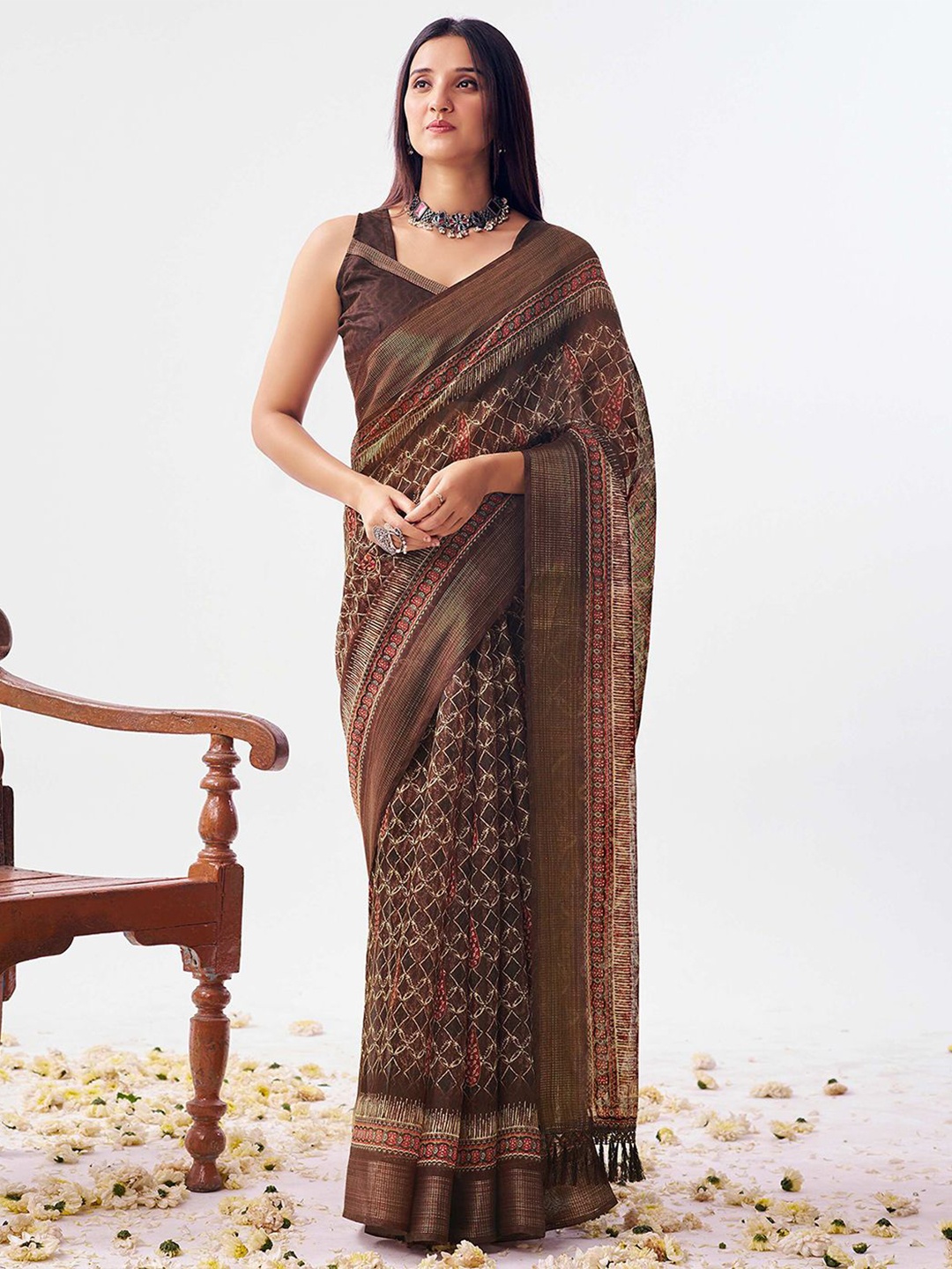 

SANSKAR Printed Zari Saree With Blouse Piece, Red