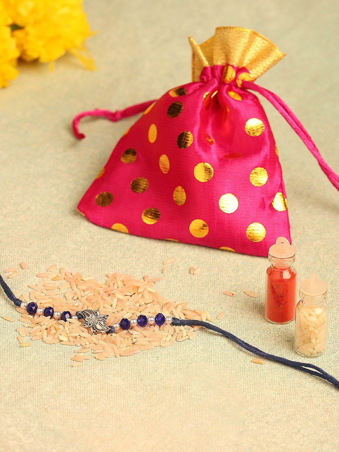 

Sangria Blue Beaded Thread Rakhi With Roli Chawal