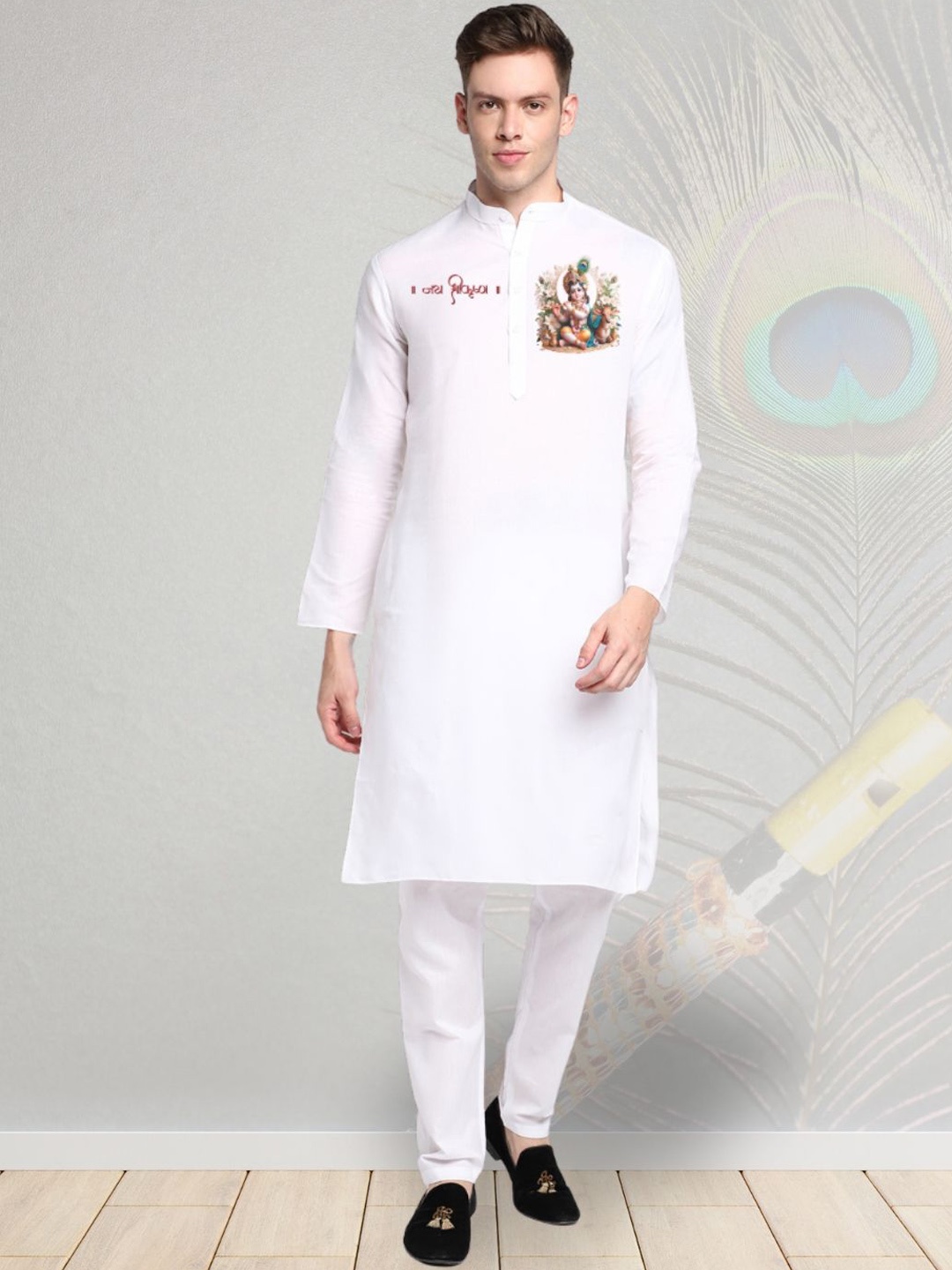 

DEVOILER Ethnic Motifs Digital Printed Mandarin Collar Cotton Straight Kurta, White