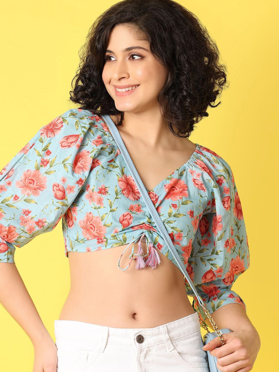 

UNLIMITED Women Floral Printed V-Neck Cotton Top, Blue