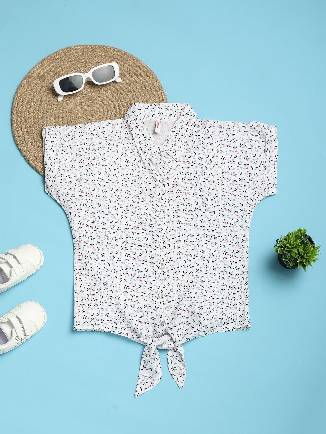 

V-Mart Girls Floral Printed Shirt Collar Top, White
