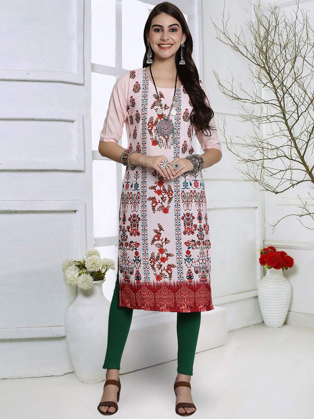 

KALINI Ethnic Motifs Printed Round Neck Short Sleeves Straight Kurta, White