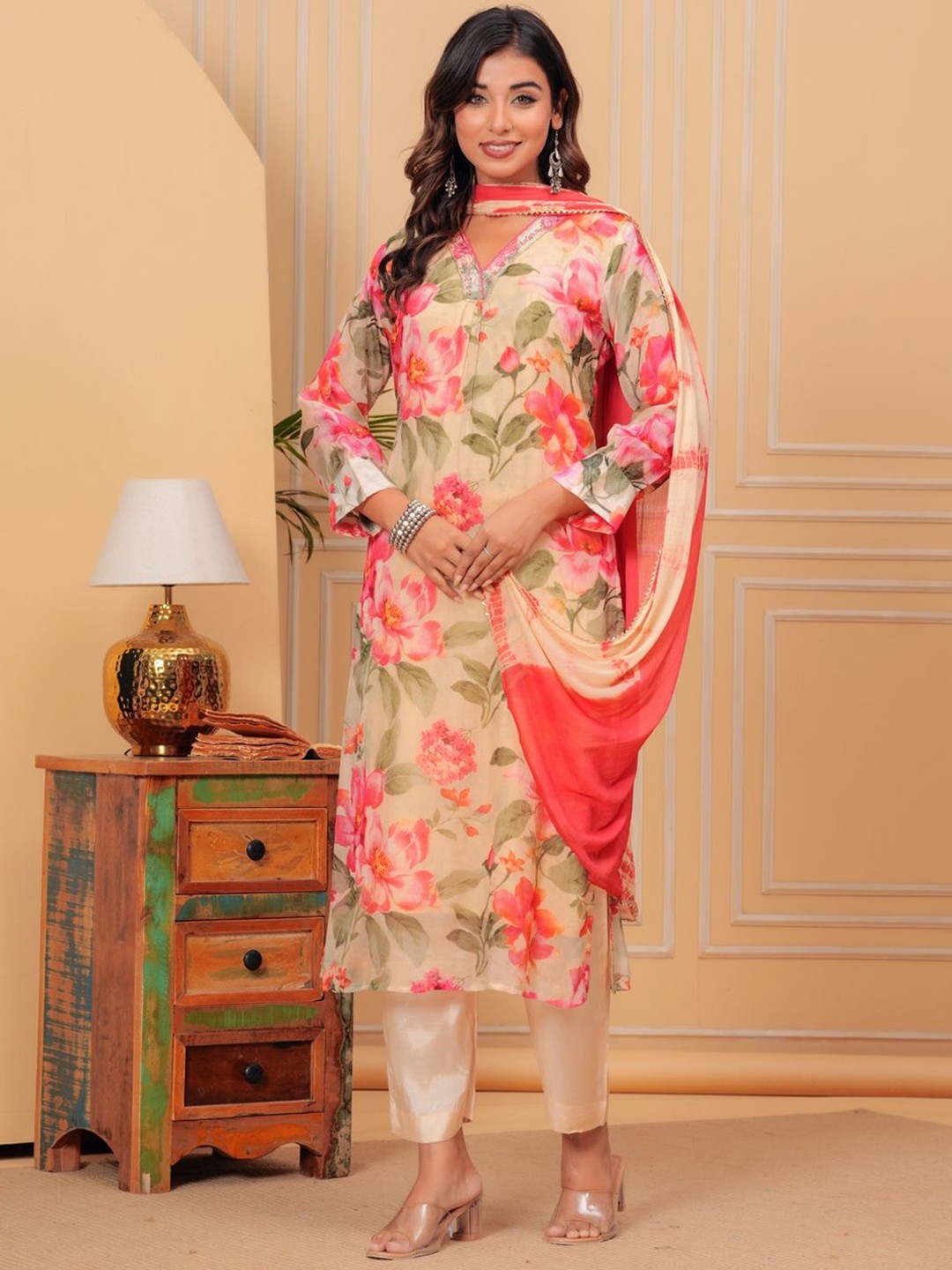 

KALINI Women Floral Printed Regular Beads and Stones Pure Silk Kurta with Trousers & With Dupatta, Cream
