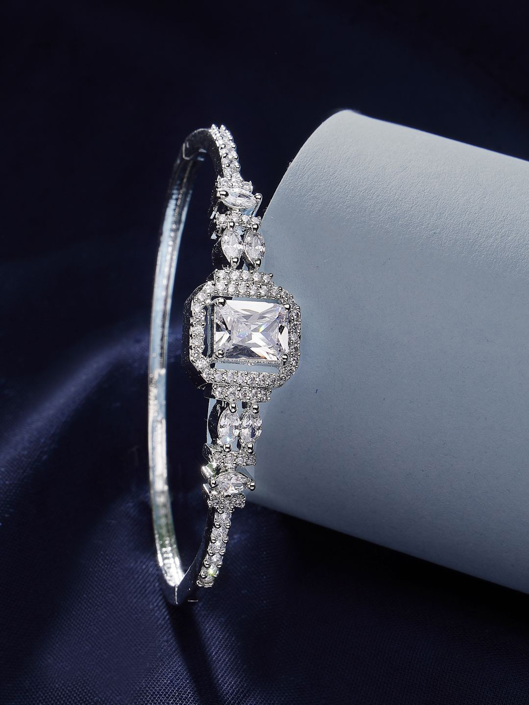 

ZENEME American Diamond Rhodium-Plated Bangle-Style Bracelet, Silver