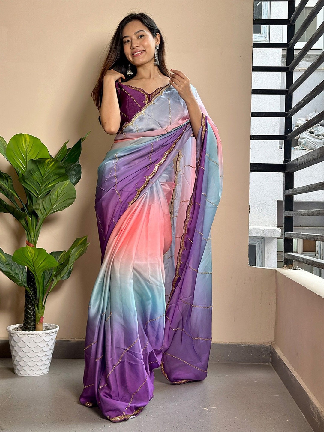 

Mitera Ethnic Motifs Embroidered Poly Georgette Holi Saree, Purple