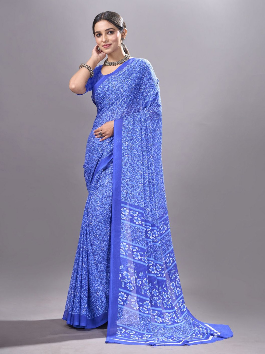

NIRMAL CREATION Floral Poly Georgette Saree, Blue
